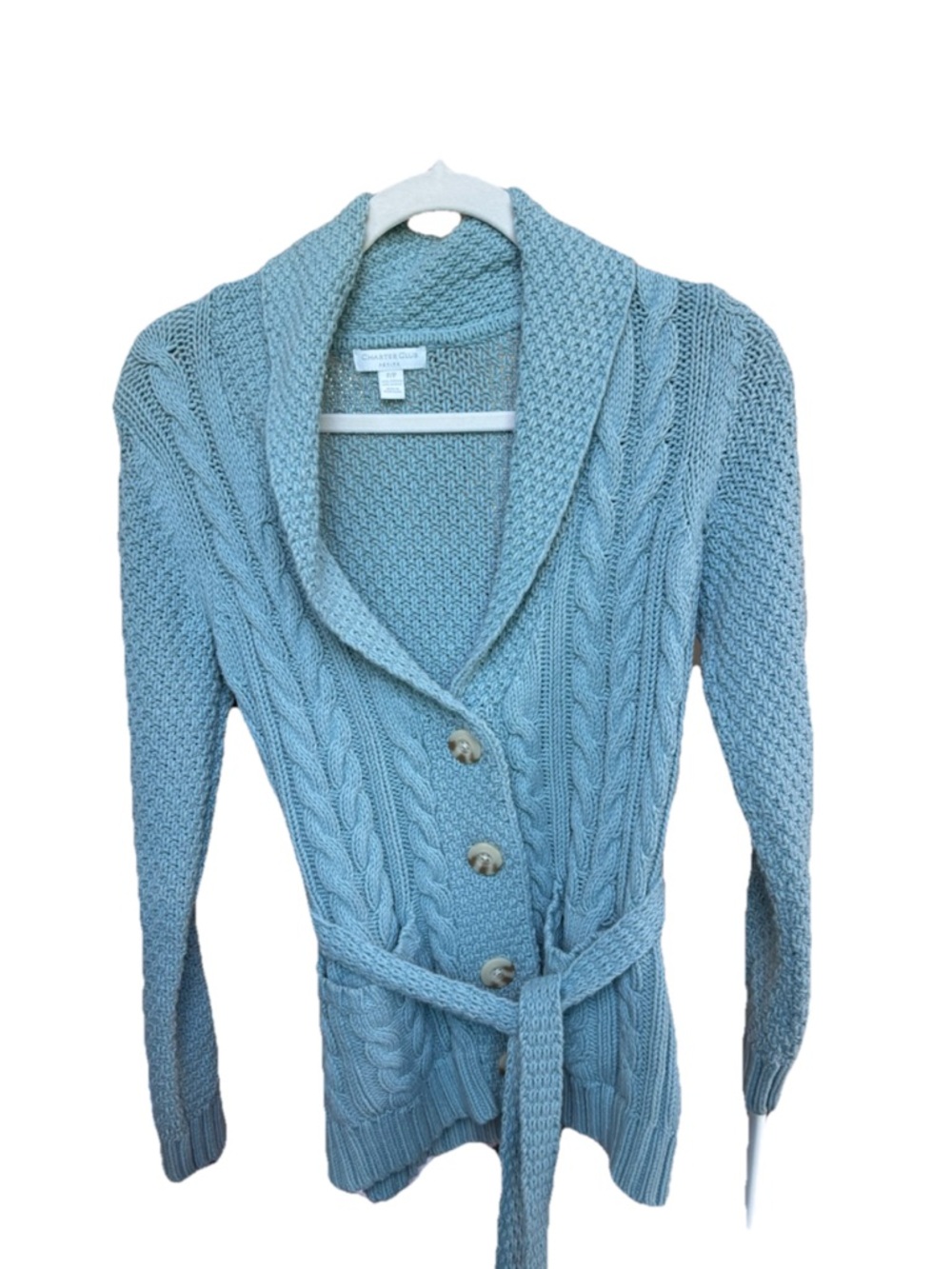 Charter Club Light Blue Cable Knit Shawl-Collar Cardigan with Belt